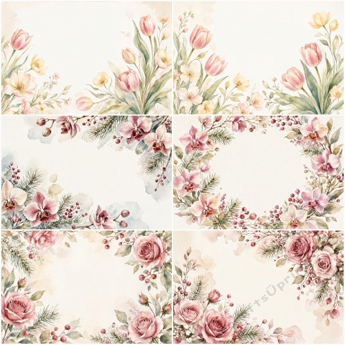 Floral Winter Elegance – Set of 6 Watercolor Botanical Backgrounds