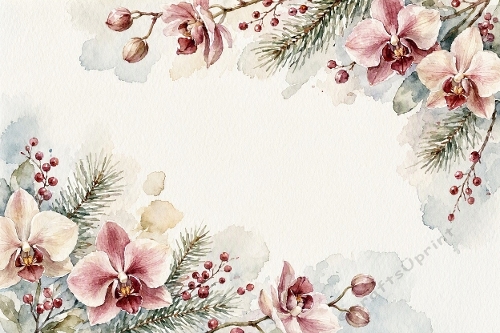 Orchid Pine Elegance – Watercolor Botanical Winter Background