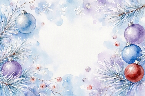 Snowy Pine Ornaments – Watercolor Winter Holiday Background