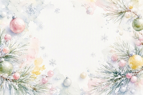 Pastel Snowy Pine Ornaments – Watercolor Winter Holiday Background