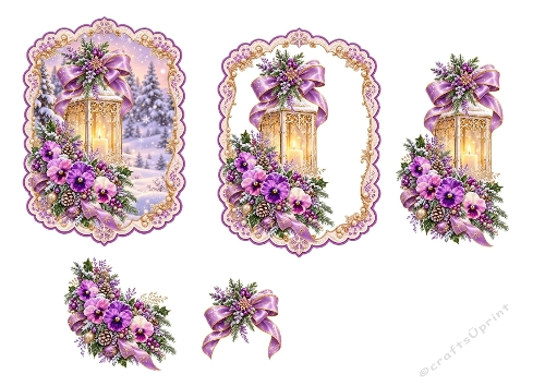 3D Winter Lantern Kit – Gold Candle Frames & Purple Floral Accents