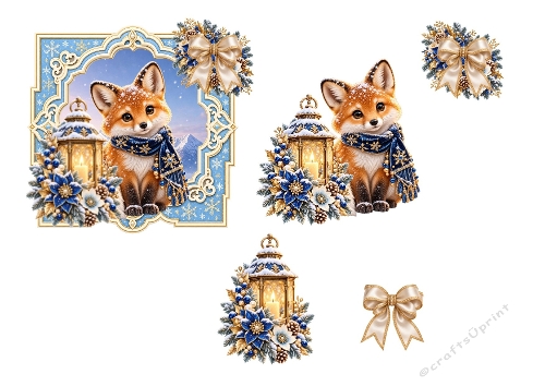3D Winter Fox Kit – Blue & Gold Lantern, Snowy Scene & Floral Accents