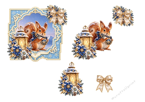 3D Winter Squirrel Card – Blue & Gold Ornament, Lantern Glow & Snowy Scene