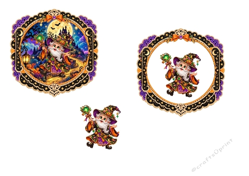 3D Halloween Wizard Card – Moon Scene, Ornate Frame & Magic Staff
