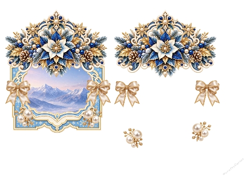 3D Winter Poinsettia Card – Blue & Gold Florals, Snowy Mountains & Elegant Frame