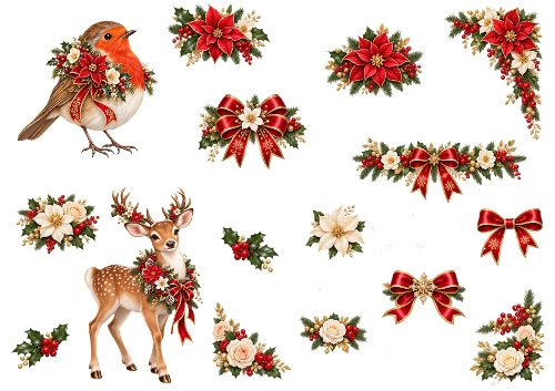 3D Christmas Animal Duo Card – Deer, Robin, Poinsettias & Holiday Florals
