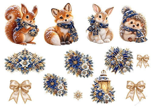 3D Winter Animals Card – Squirrel, Fox, Rabbit & Hedgehog in Blue & Gold