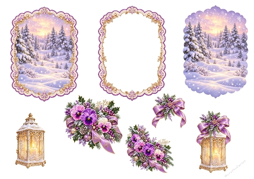 3D Winter Lantern Card – Snowy Frames, Purple Florals & Gold Accents