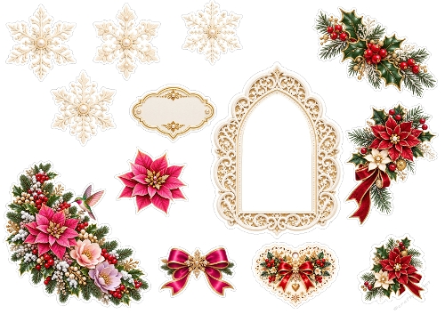 Christmas Elements Kit – A4 JPEG with Poinsettias, Holly, Snowflakes & Gold Frames