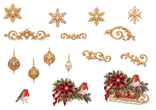 Christmas Elements Kit – A4 JPEG with Gold Snowflakes, Robins & Holiday Ornaments