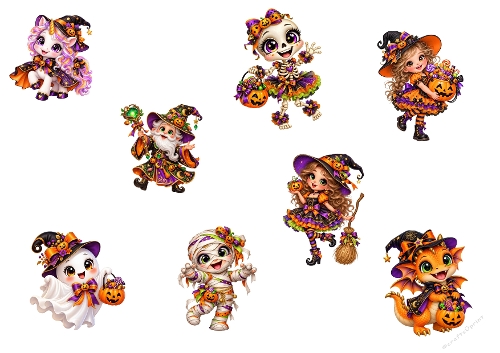 Halloween Elements Kit – A4 JPEG with Cute Characters & Pumpkin Accents