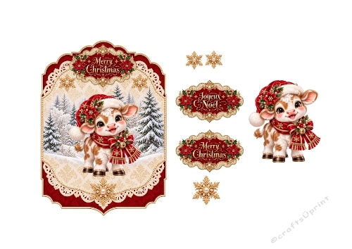 3D Christmas Cow Card – Gold Frame, Snowflakes & Holiday Labels