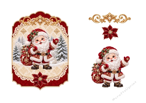 3D Santa Claus Christmas Card – Gold Frame, Poinsettia & Holiday Details