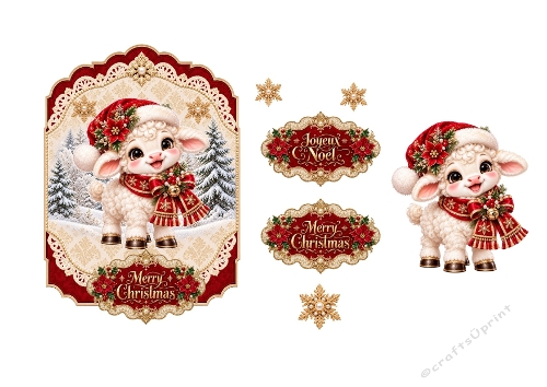 3D Christmas Lamb Card – Gold Frame, Snowflakes & Holiday Labels