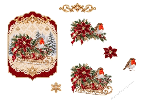 3D Christmas Sleigh Card – Robin, Poinsettias & Gold Ornaments