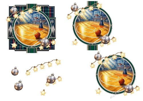 3D Christmas Basketball Card – Court Scene, Silver Ornaments & Holly Accents