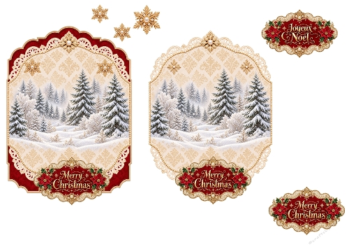 3D Christmas Winter Landscape Card – Gold Damask Frames & Holiday Labels