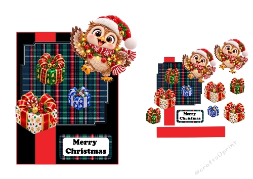 3D Christmas Owls Card – Plaid Background, Presents & Holiday Message