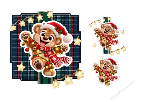 3D Christmas Bear Card – Plaid Background, Holiday Lights & Santa Hat