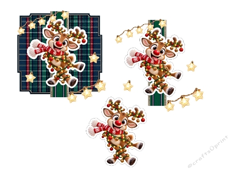 3D Christmas Reindeer Card – Plaid Background, Holiday Lights & Red Scarf