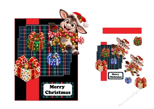 3D Christmas Donkey Card – Plaid Background, Gift Boxes & Holiday Scarf