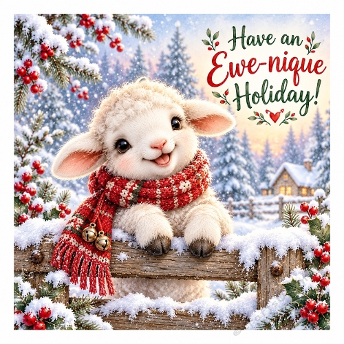 Have an Ewe‑nique Holiday! – Cute Christmas Lamb Winter Card