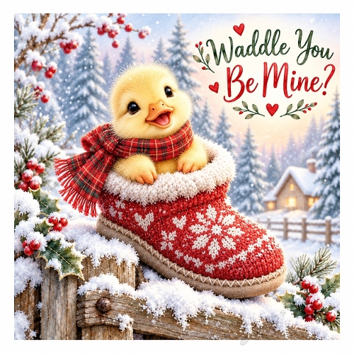 Waddle You Be Mine? – Cute Duckling Christmas Winter Card