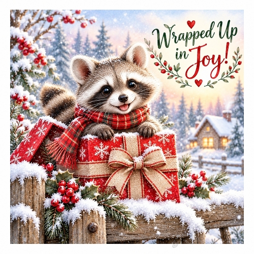 Wrapped Up in Joy! – Cute Christmas Raccoon Winter Card