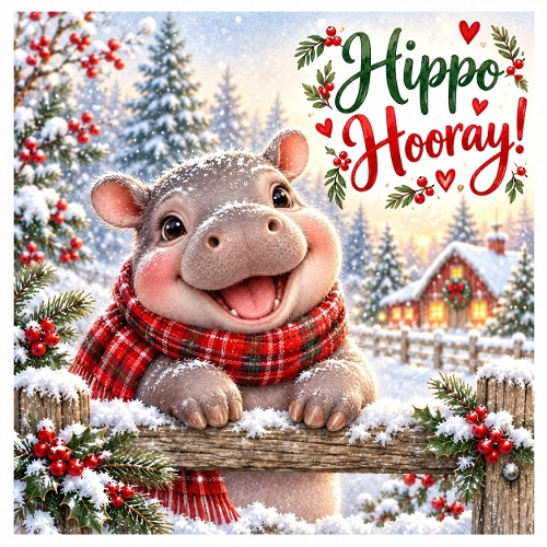 Hippo Hooray! – Adorable Christmas Baby Hippo Card