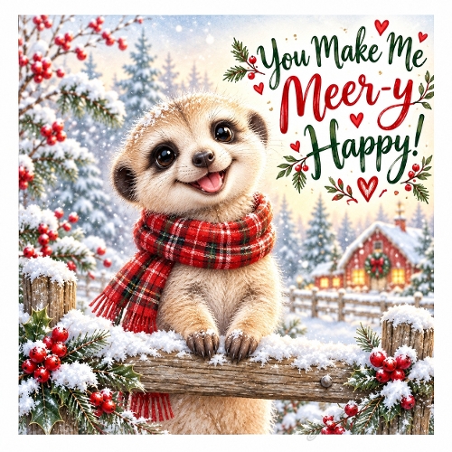 You Make Me Meery Happy! – Adorable Christmas Meerkat Watercolor Illustration 8K