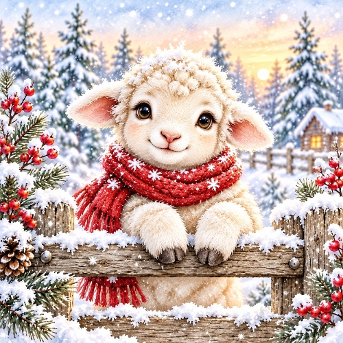 Cute Winter Lamb in Red Scarf