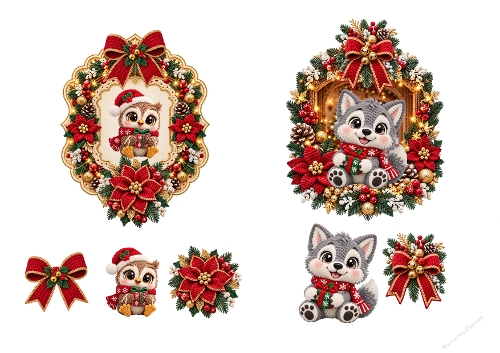 Cute Christmas Owl & Wolf 3D Decoupage Card Kit A4 JPEG