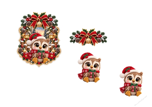 Cute Christmas Owl 3D Decoupage Card Kit A4 JPEG