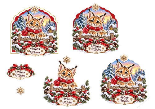 Christmas Lynx Kitten Winter Wishes 3D Decoupage Card Sheet