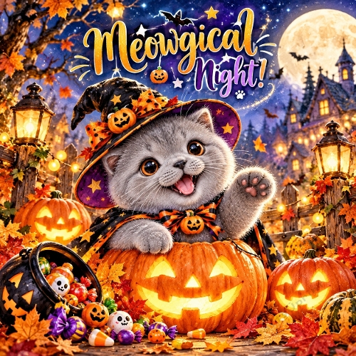 Watercolor Halloween Grey Kitten Pumpkin Illustration