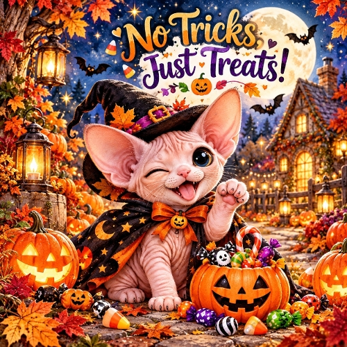 Watercolor Halloween Sphynx Kitten Witch Illustration