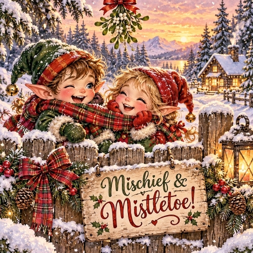 Watercolor Christmas Elves Mistletoe Illustration