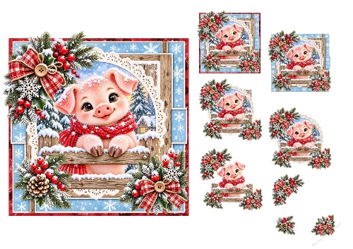 3D Decoupage Christmas Piglet Card Mini Kit 3 Pages JPEG