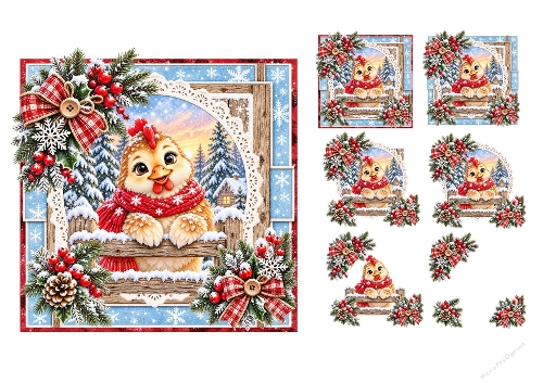 3D Decoupage Christmas Rooster Chicken Card Kit 3 Pages JPEG