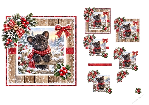 3D Decoupage Christmas Black Panther Cub Card Kit 2 Pages JPEG