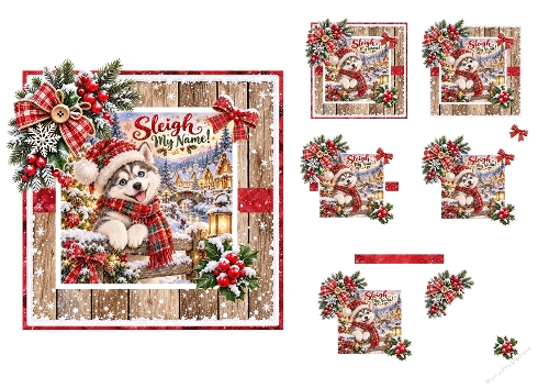 3D Decoupage Christmas Husky Puppy Card Kit 3 Pages JPEG