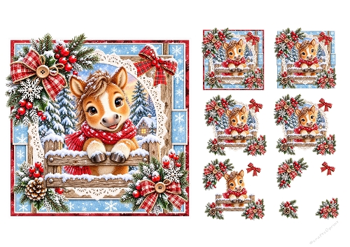 3D Decoupage Christmas Foal Horse Card Kit 3 Pages JPEG