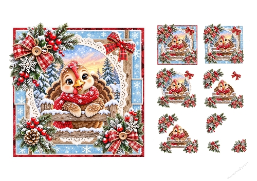 3D Decoupage Christmas Baby Turkey Card Kit 3 Pages JPEG