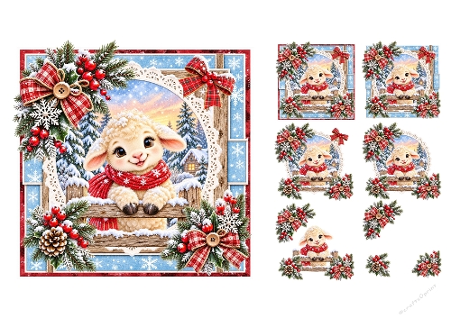 3D Decoupage Christmas Lamb Card Kit 3 Pages JPEG