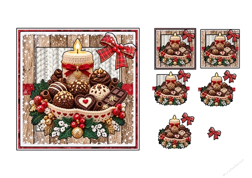 3D Decoupage Christmas Candle Chocolates Card Kit 3 Pages JPEG