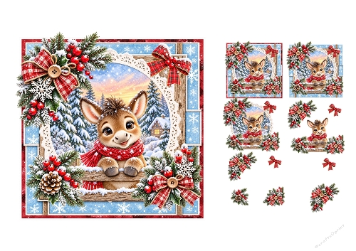 3D Decoupage Christmas Donkey Card Kit 3 Pages JPEG