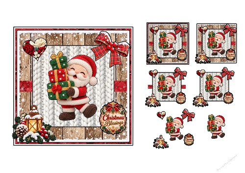 3D Decoupage Christmas Santa Claus Card Kit 3 Pages JPEG