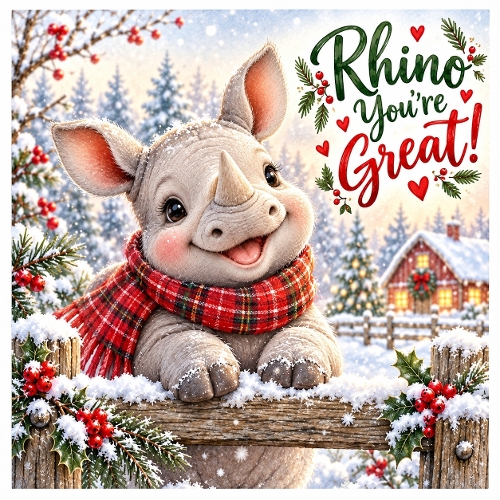 Watercolor Christmas Rhino Illustration