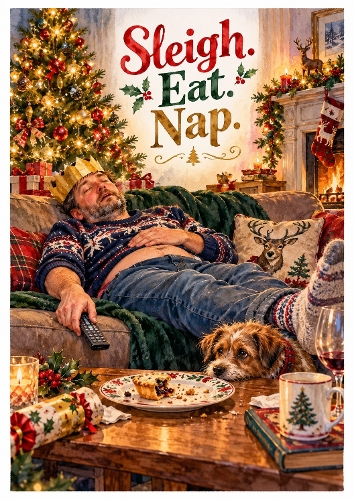 Watercolor Funny Christmas Card Design Sleigh Eat Nap for Him Illustration