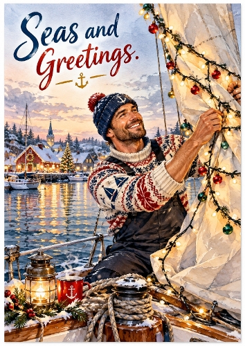 Watercolor Nautical Christmas Card Design Seas and Greetings for Him Illustration